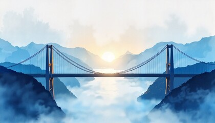 Fototapeta premium Misty Mountain Bridge Spanning a Serene Valley with Lush Greenery and Light Blue Sky