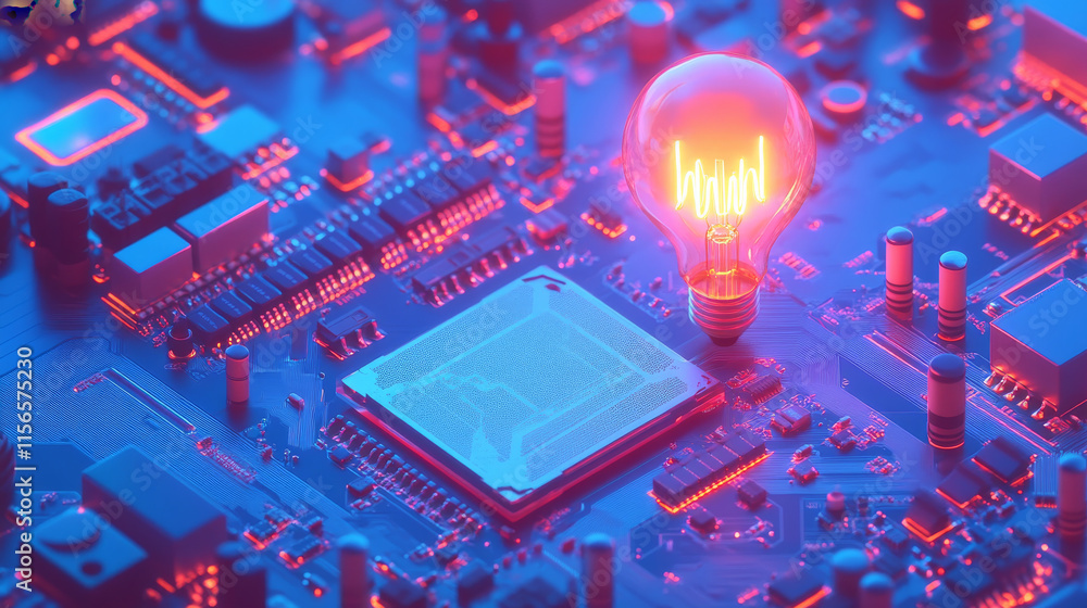Aufkleber abstract digital ai chip and lightbulb on technology blue background. artificial intelligence innova