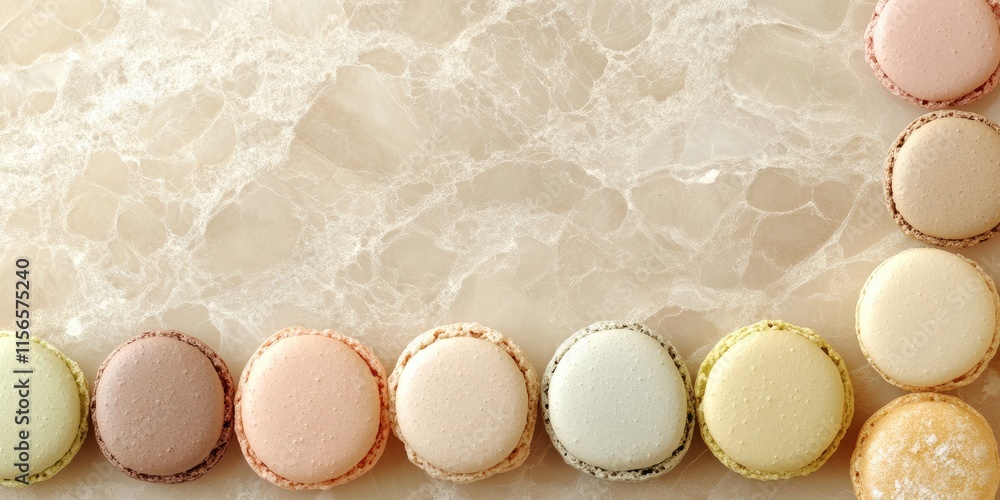 Poster pastel colored macarons arranged on a marble surface with empty space for text perfect for dessert o