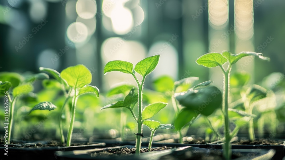 Poster cucumber plants thriving in a greenhouse with tied shoots and sunlight illuminating empty space for 