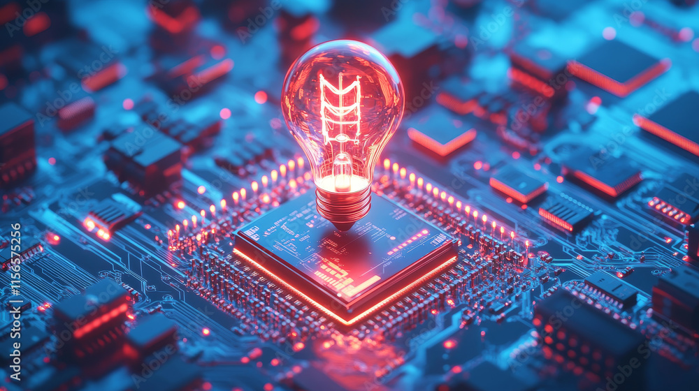 Poster abstract digital ai chip and lightbulb on technology blue background. artificial intelligence innova