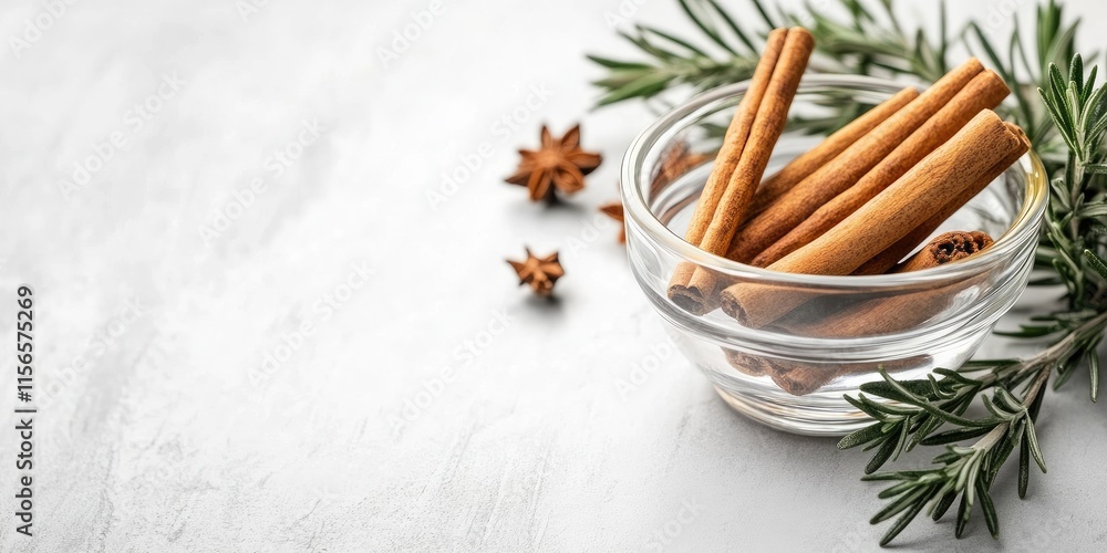 Poster glass bowl with cinnamon sticks and rosemary twigs on a light background with ample empty space for 