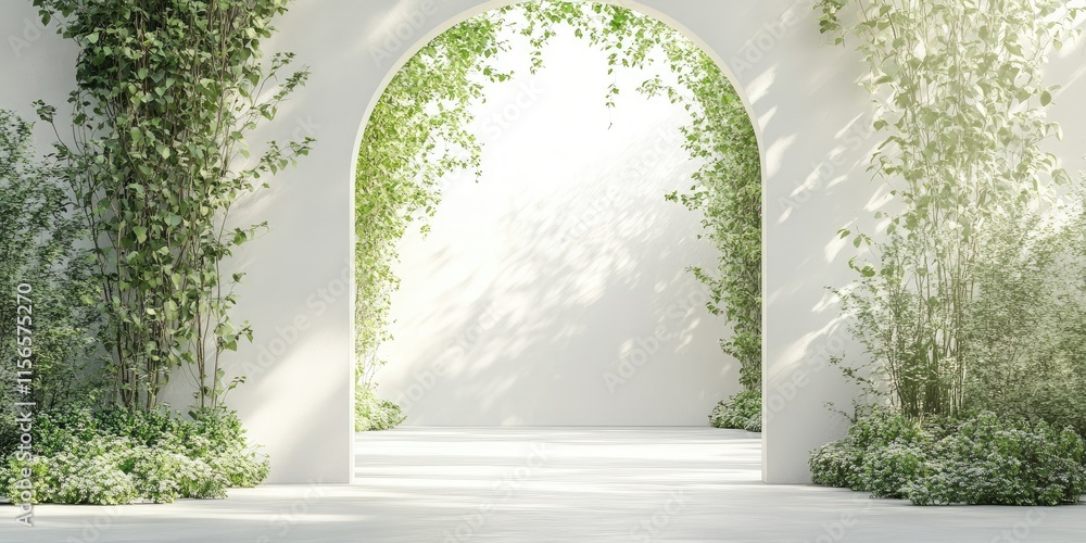 Poster tranquil garden archway adorned with climbing plants creating a serene atmosphere and ample space fo