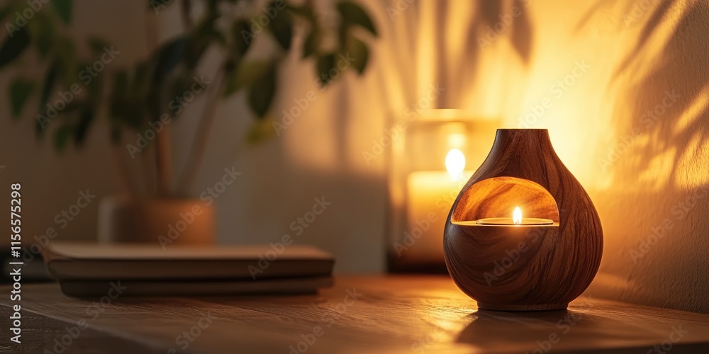 Poster elegant wooden aromatherapy lamp casting warm light on stylish table with empty space for text and s