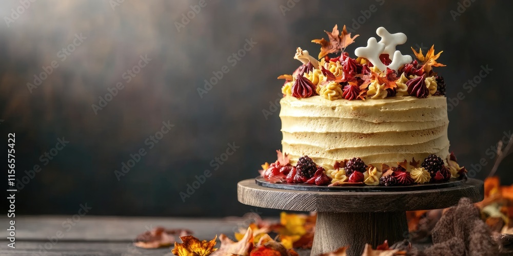 Poster elegant autumn cake with bone toppers surrounded by leaves and empty space for text in warm rustic s