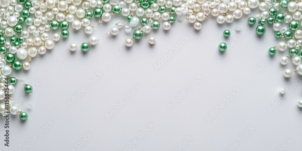 Poster elegant white and green pearl beads flatlay on grey background with ample copy space for text or des
