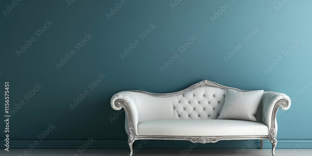 Poster Elegant Art Deco Lounge Featuring Plush Sofa Against a Teal Wall with Ample Copy Space for Text and Design Elements