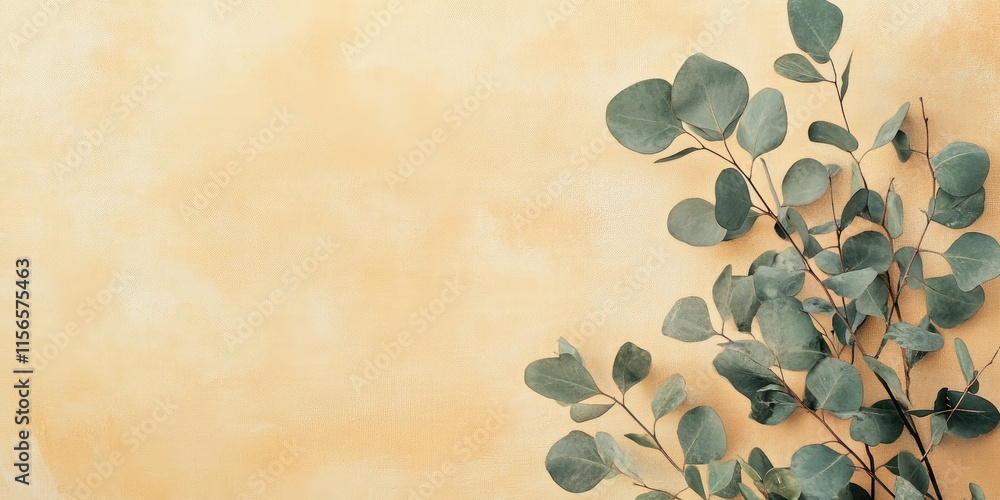 Poster elegant eucalyptus branch on warm yellow canvas background with generous space for text or artwork o