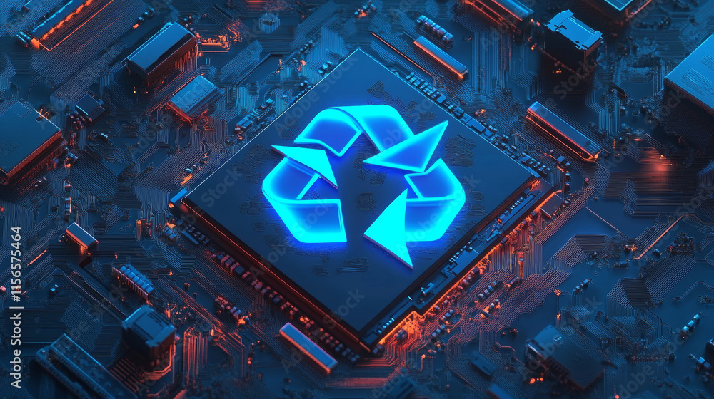 Poster ai chip and two recycle digital arrows. abstract digital ai processor in low poly wireframe with neo