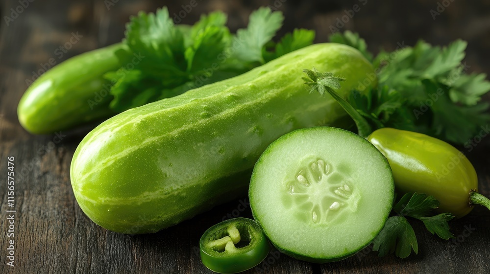 Poster fresh cucumbers and green peppers with herbs on a rustic wooden table healthy vegetables with space 
