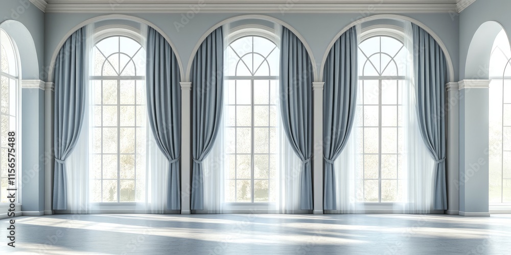 Poster elegant arched windows with draped curtains in a bright room and empty space for text display