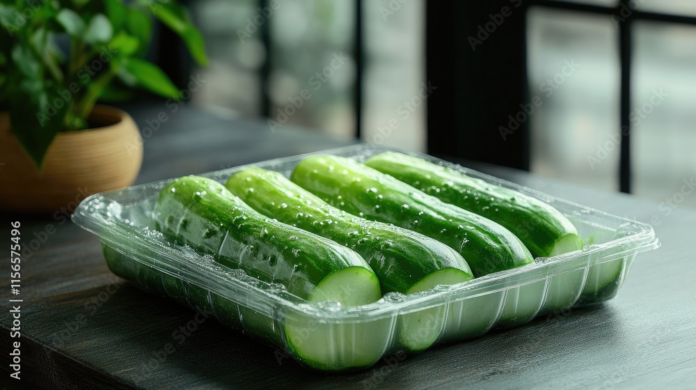 Poster Fresh cucumbers in foam packaging with dew droplets and selective focus on a wooden table with ample copy space for text or advertising.