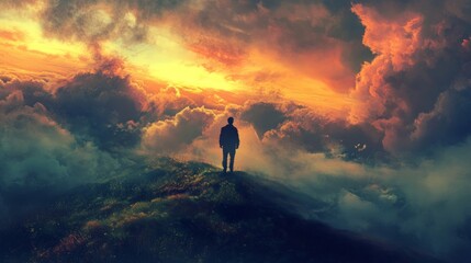 Fototapeta premium Solitude Above the Clouds: A Man Contemplates the Sunset's Embrace