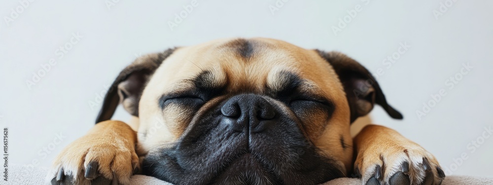 Poster relaxed dog enjoying professional grooming session with focus on calm expression and ample space for