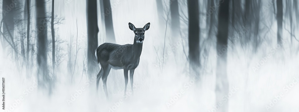 Poster doe in winter forest mist black and white monochrome image ethereal atmosphere with space for text a