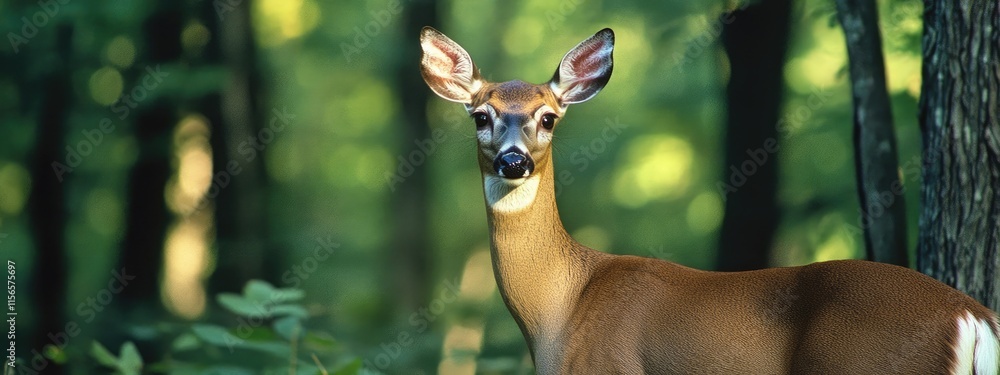 Poster elegant doe in forest with lush greenery showcasing head and chest against a serene backdrop ideal f