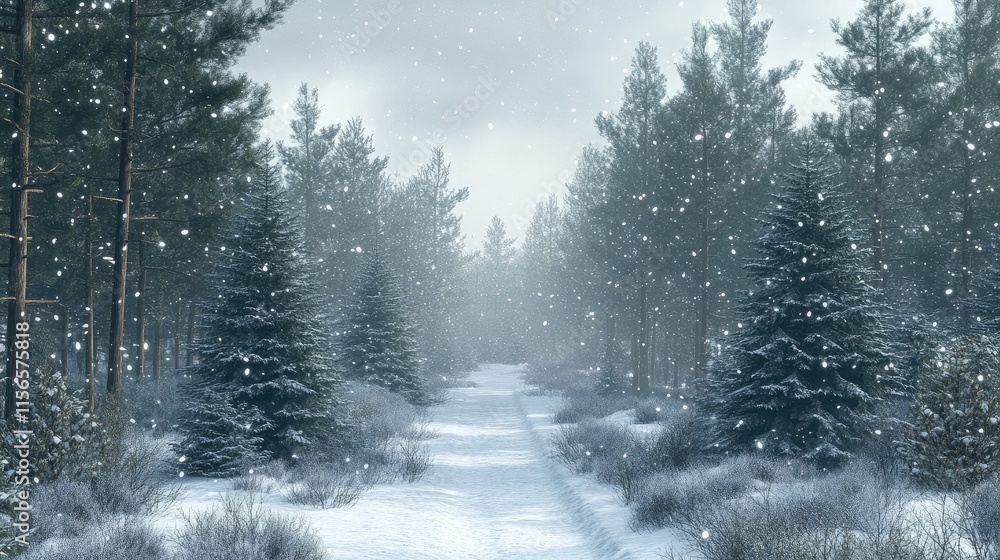 Poster winter wonderland coniferous forest landscape with snowy path and empty copy space for seasonal text