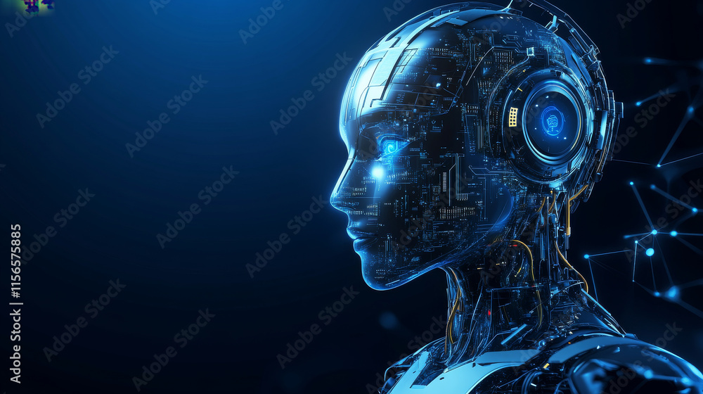 Poster ai humanoid robot in light neon blue on a technology background. chatbot or ai concept. artificial i