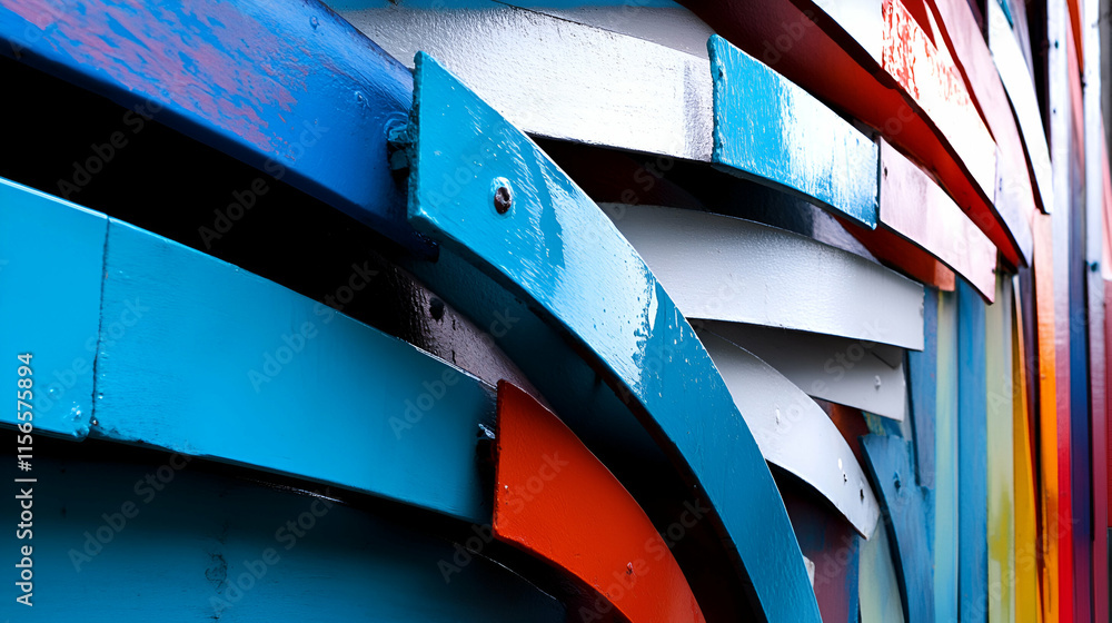 Poster abstract colorful wooden arc structure, painted in vibrant hues, showing a dynamic composition of in