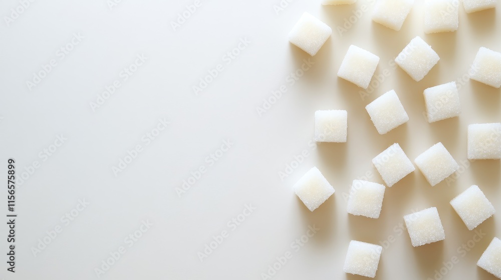 Poster Demerara sugar cubes scattered on a neutral background with ample empty space for creative text placement and design elements.