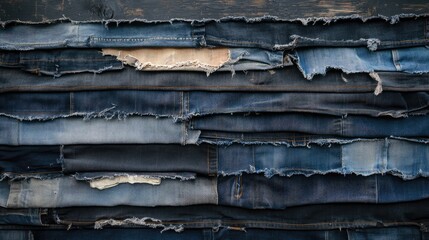 Denim fabric stacked showcasing sustainable fashion practices with visible rip repairs and ample copy space for creative text integration