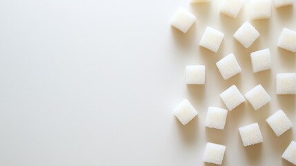Fototapeta premium Demerara sugar cubes scattered on a neutral background with ample empty space for creative text placement and design elements.