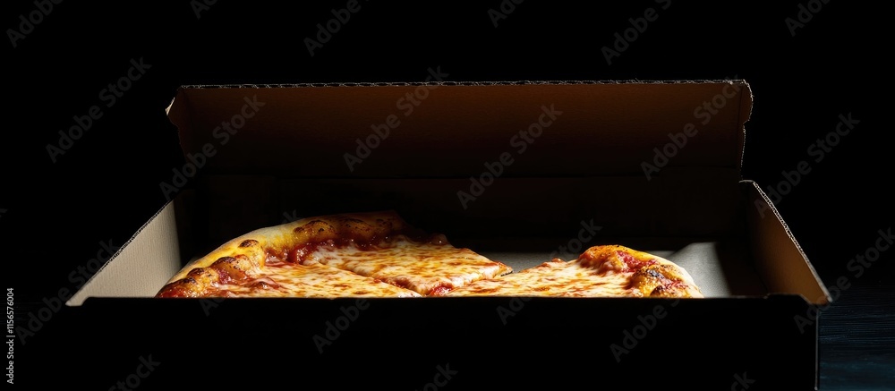 Aufkleber delicious pizza slice lifted from an open box on a black background with ample space for text and br