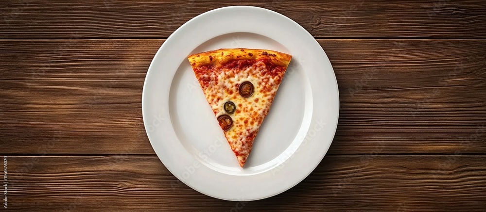 Poster sliced jalapeno pizza on white plate with rustic wooden background and ample space for text and desi