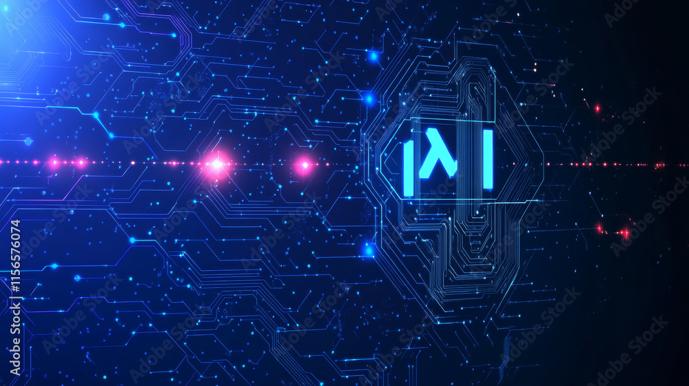 Poster ai chip with light growth arrows and circuit elements. artificial intelligence background. ai innova