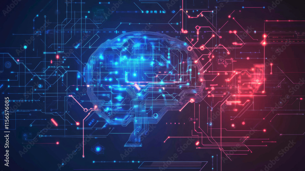 Poster ai chip with light growth arrows and circuit elements. artificial intelligence background. ai innova