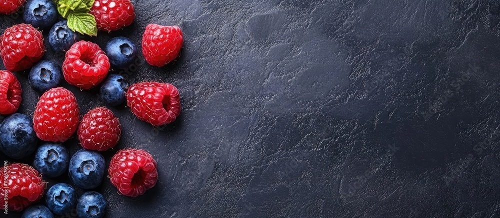 Poster pancakes topped with fresh blueberries and raspberries on a textured surface with empty space for te