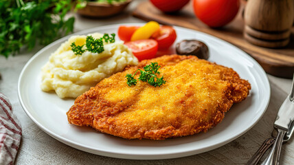 Perfectly fried chicken with a golden, crispy crust, served on a white plate alongside creamy mashed potatoes, creating a delicious and comforting meal presentation.