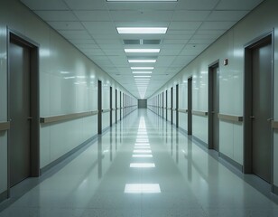 Long sterile corridor with many closed doors