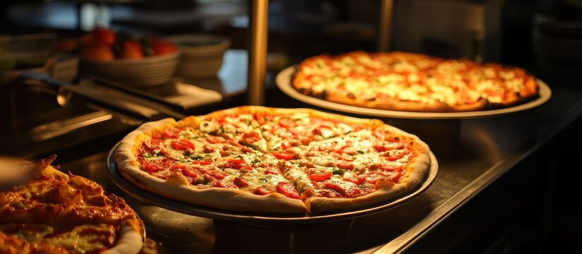 Freshly baked mozzarella pizza displayed at a buffet with warm lighting inviting a delicious culinary experience