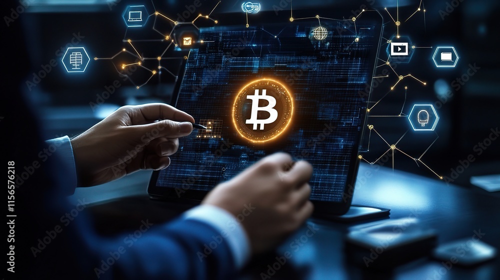 Poster businessman using blockchain technology on tablet with bitcoin graphic