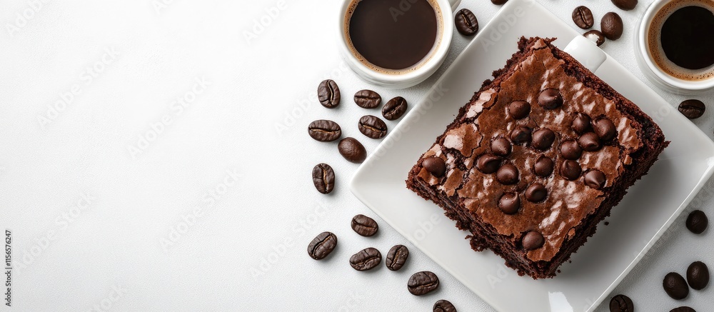 Poster homemade brownie with coffee and cocoa toppings on a plate surrounded by coffee beans and cups on a 