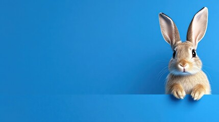 Obraz premium Curious Easter Bunny Peeking Over Signboard Against Blue Banner Background
