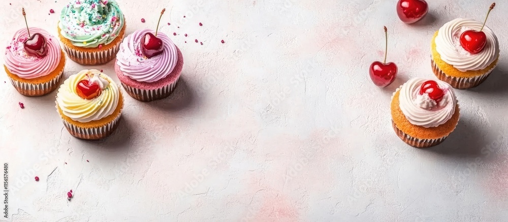 Poster colorful cupcakes adorned with rainbow cream and cherries on a light background with space for custo