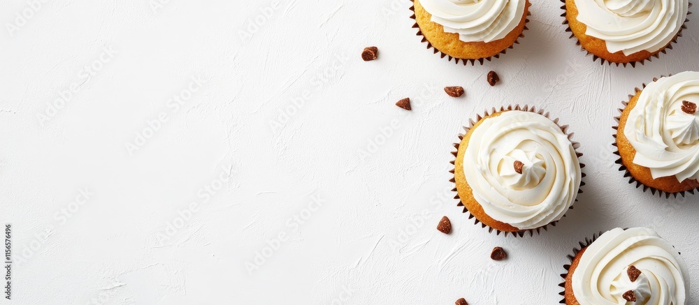 Poster deliciously frosted cupcakes arranged on a white background with ample space for customizable text a