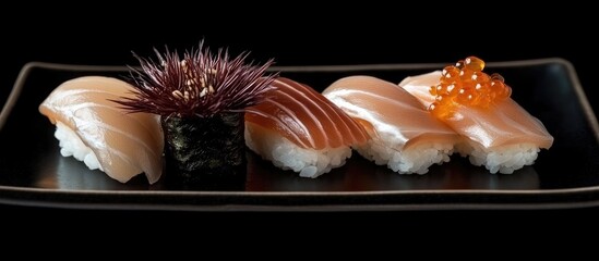 Fresh sushi platter featuring fish and sea urchin on a black plate with space for text showcasing gourmet culinary presentation
