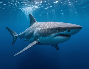 Naklejka premium Great White Shark Swimming Underwater Sunlight Beams
