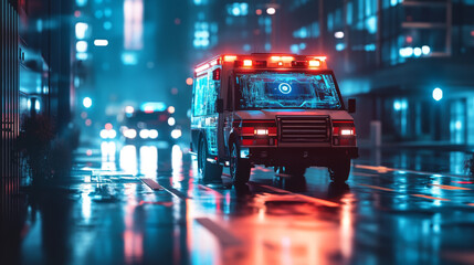 Ambulance hologram. Digital and technology background ambulance. Futuristic ambulance design