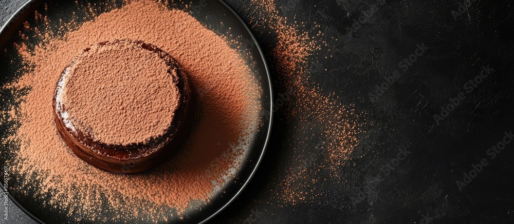 Poster chocolate tiramisu cake elegantly dusted with cocoa powder on a black plate creating a sophisticated