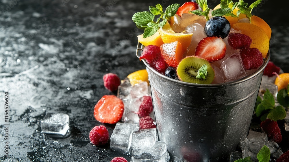 Poster fresh fruits and melting ice cream with vibrant herbs on ice cubes in a bucket against a dark backgr