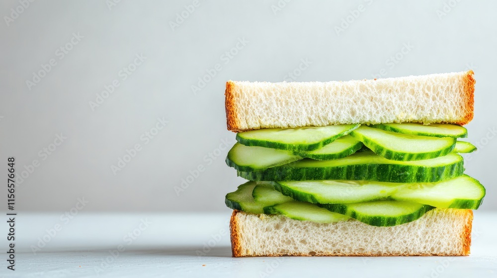 Poster Cucumber Sandwich on White Bread with Freshly Sliced Cucumbers and Minimalistic Background for Text Placement