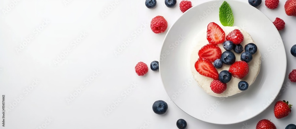 Poster elegant cheesecake topped with fresh strawberries and blueberries on a white table setting with ampl