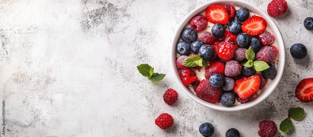 Aufkleber cheesecake with mixed berries in a bowl on a textured surface ideal for food ads and recipe ideas wi