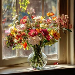 Vibrant spring flower bouquet in glass vase, sunlight.