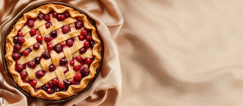 Poster freshly baked berry pie with a golden lattice crust on elegant fabric background with space for cust