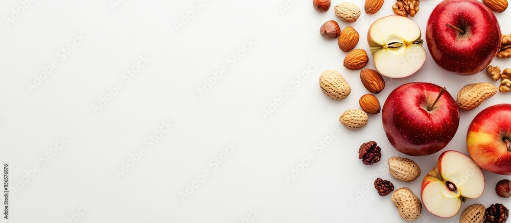 Poster fresh red apples and a variety of nuts arranged on a white background with ample space for text or b